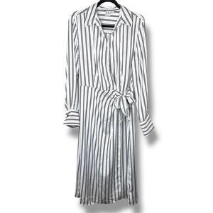 Worthington Black Straight Striped Collar Silky Long Sleeve Wrap Midi Dress
